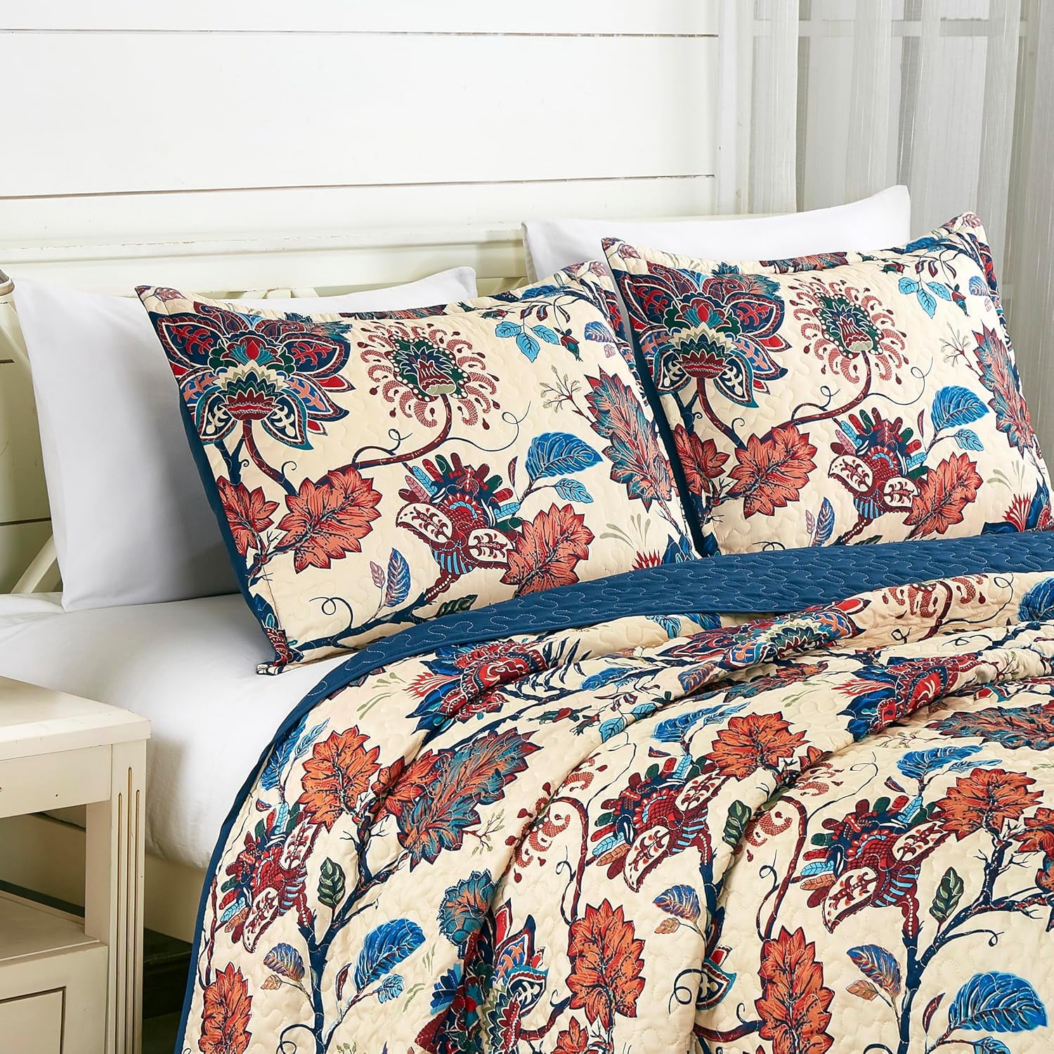 Chezmoi Collection Paradise 3-Piece Floral Quilt Set King, Multicolor Blue Red Orange Cream Printed Microfiber Lightweight Bedspread Set for All season