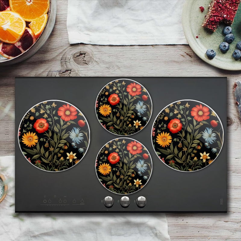 BaHomeck Electric Stove Burner Covers Set of 4,Round Metal Gas Stove Burner Covers 8 Inch and 10 Inch,Kitchen Decor,Detailed Wildflowers On Black Background