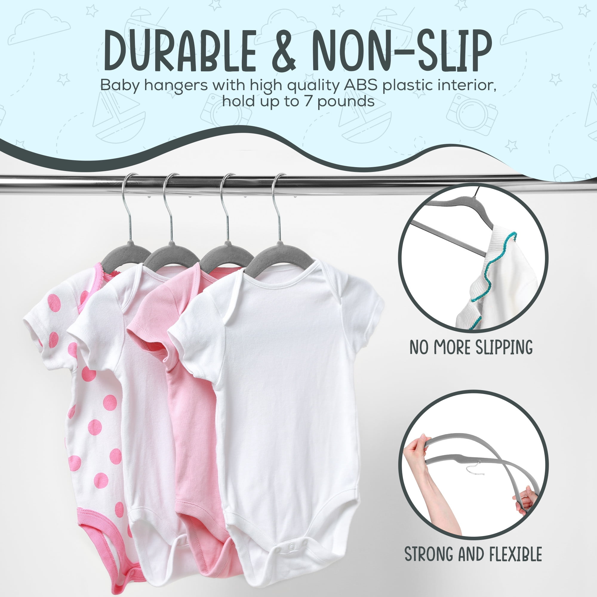 Techzoo Premium Baby Velvet Hangers 30 Pack – 11.8" Non Slip Felt Cloth Hangers for Closet – Ultra Slim, Space Saving Baby Clothes Hangers with 360° Swivel Hook Infant Hangers – Gray
