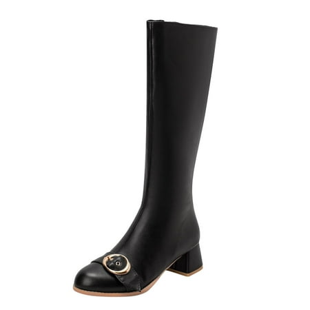 

Mackneog Women s Shoes British Style Solid Side Zipper Belt Decorative Button Knee High Boots Gift on Clearance