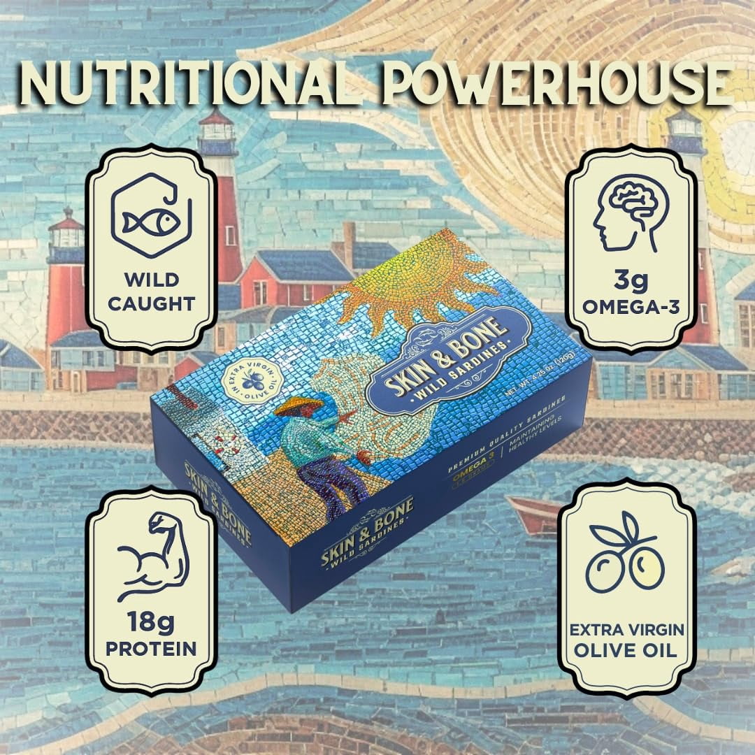 Skin & Bone Wild Caught Portugese Sardines in Extra Virgin Olive Oil, Pack of 12, 4.25oz. Handpacked, Wild Caught