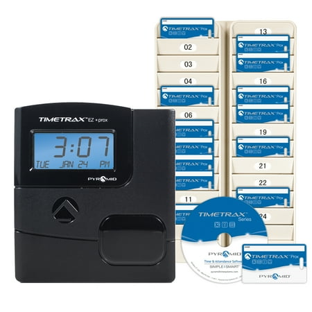 Pyramid TimeTrax TTEZ Prox (PPDLAUBKN) Automated Proximity Time Clock System Bundle, includes software, 15 proxmity badges, 24 pocket badge rack