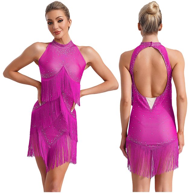 Alvivi Robe de Danse Latine Sans Manches à Paillettes pour Femmes avec Franges Chacha Salsa Rumba Tango Valse Tenue de Danse de Salon Rose Vif TG