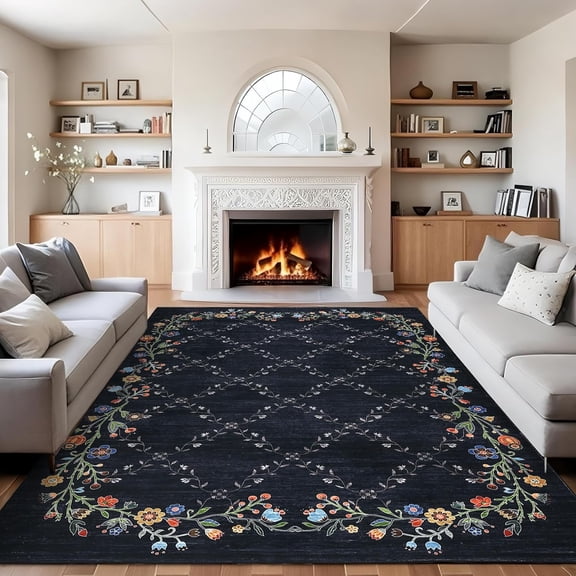 9x12 Modern Floral Oversized Area Rug, TPR Non Slip Washable Low Pile Large Living Room Dining Room Carpet,black