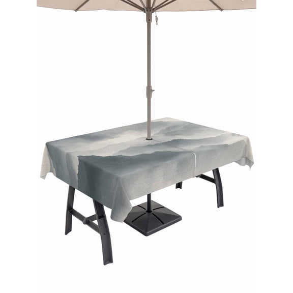 Outdoor Tablecloth with Umbrella Hole for Patio/Picnic/Party/Camping, Mountain Peak Waterproof Table Cloth Rectangle Table Cover Washable, Gray Beige Mist Zen Modern Fantasy (60"x 102")