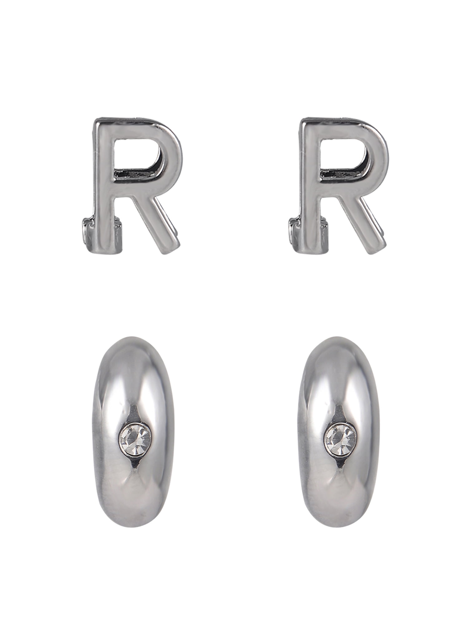 Time and Tru Silvertone 3-On Crystal Stud, Hoop, Initial "R" Earring Set