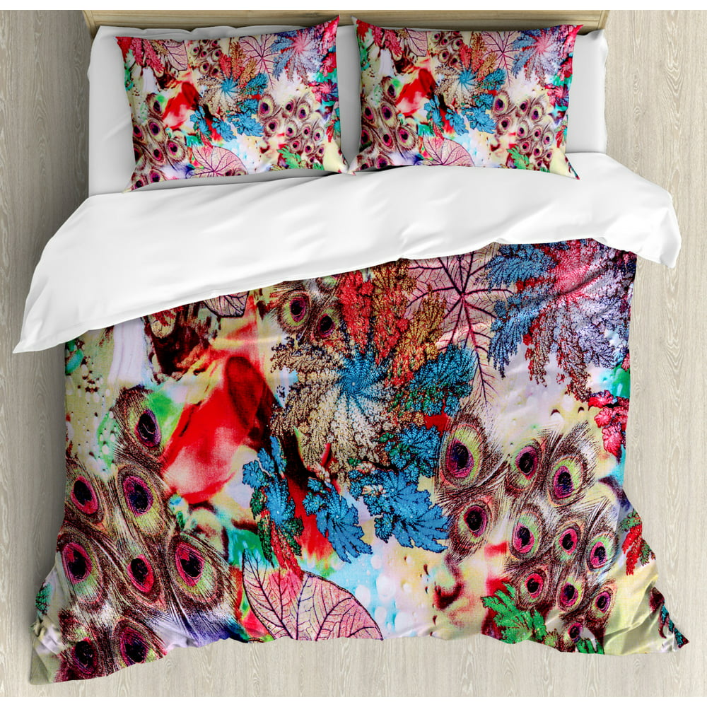 Peacock Duvet Cover Set, Colorful Floral Artwork with Peacock Feather ...