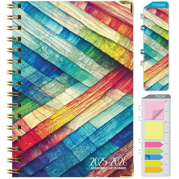Academic Planner 2025-2026, Daily Weekly Monthly Yearly Planner, June 2025 - July 2026, 14 months, 5.5"x8", Bookmark, Pocket Folder and Sticky Note Set (Rainbow Oak)