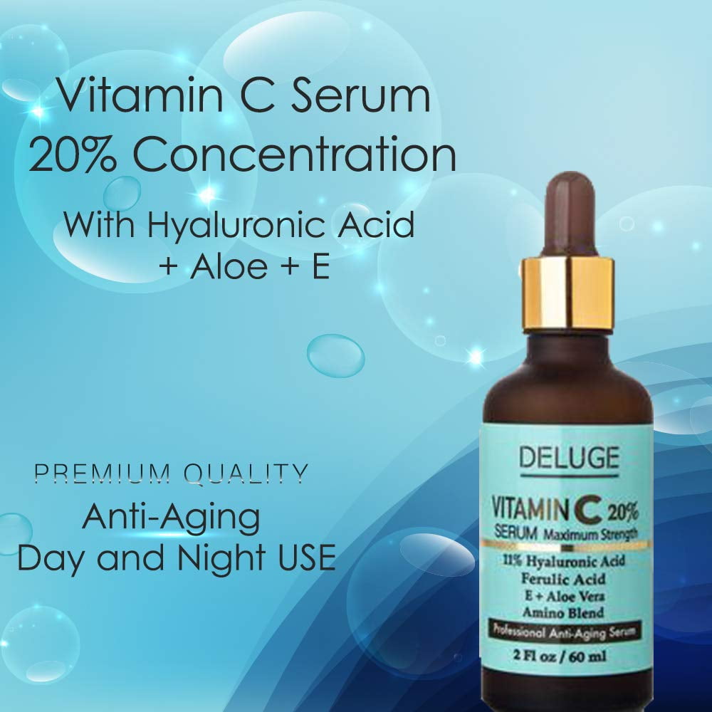 Deluge Vitamin C Face Serum with Aloe, Hyaluronic Acid, Vitamin E, & Ferulic Acid – Brightening & Collagen Boosting Formula (2 FL oz)
