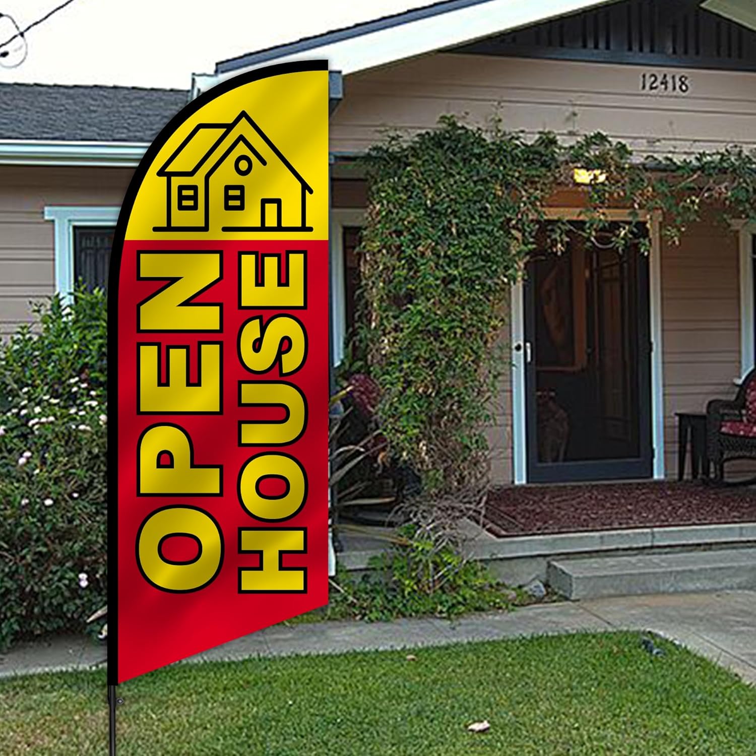 Anley 7.5 FT Open House Feather Flag Banner Kit - Outdoor Swooper Advertising Flags with Pole and Stake - Property Display Sign for Homes, Real Estate Events - Weather Resistant & Easy Setup