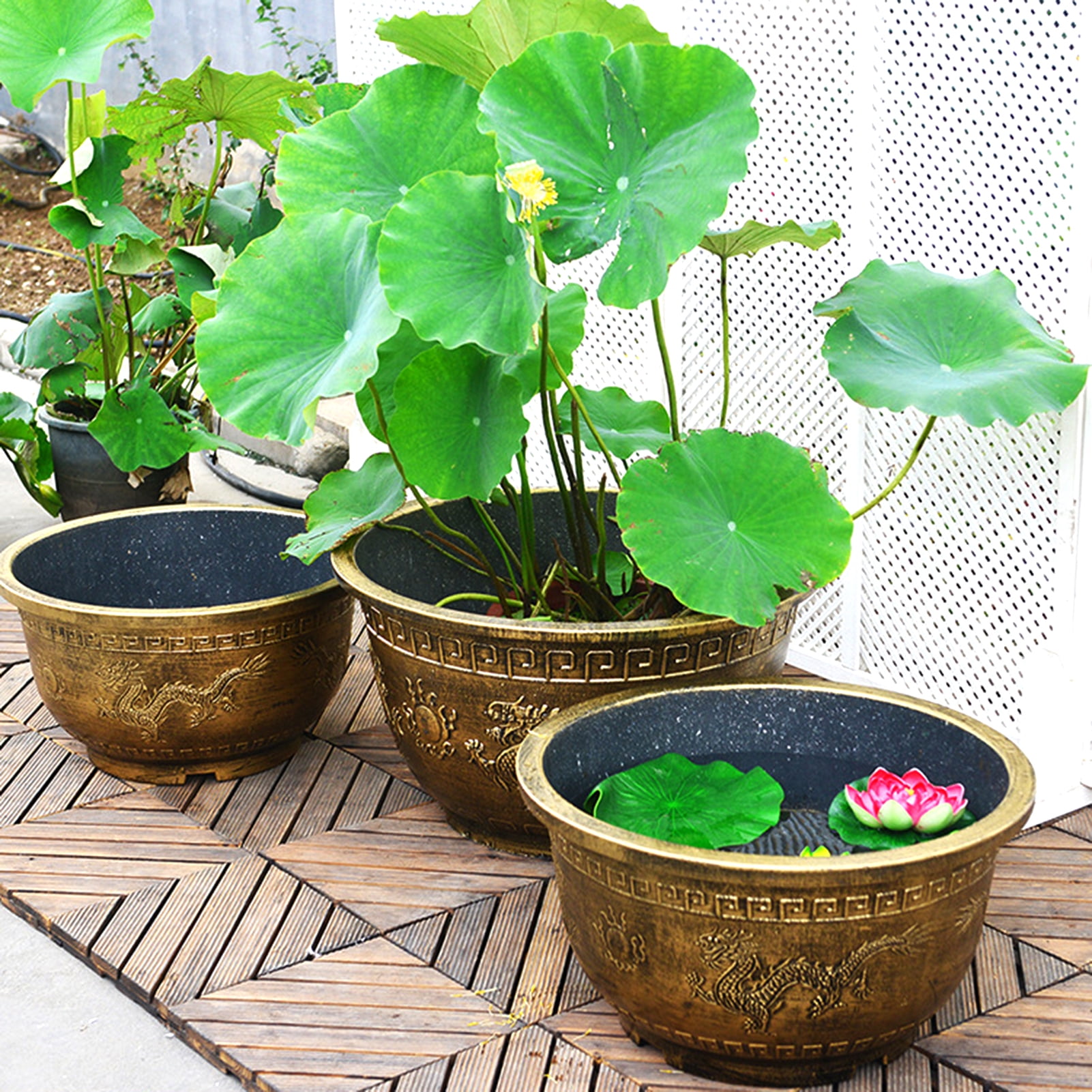 OIUR Large Flower Pot Thickened Plant Pot with Drainage Hole Retro Resin Lotus Planter for Indoor Outdoor Plants Home Gardening