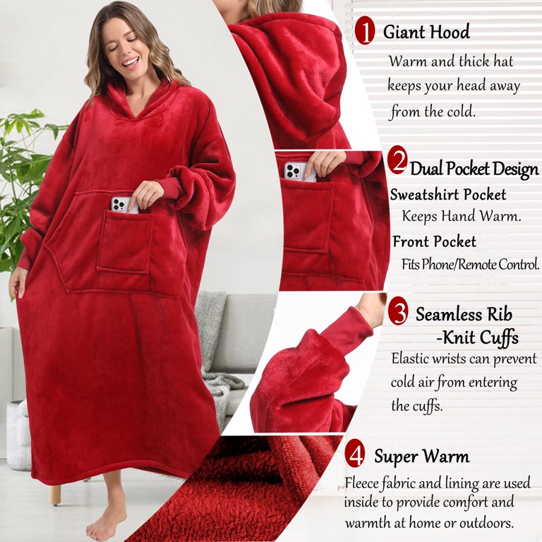 Manchester United Oversized Wearable Fleece Blanket - Sherpa Lined Hooded Blanket With Pockets