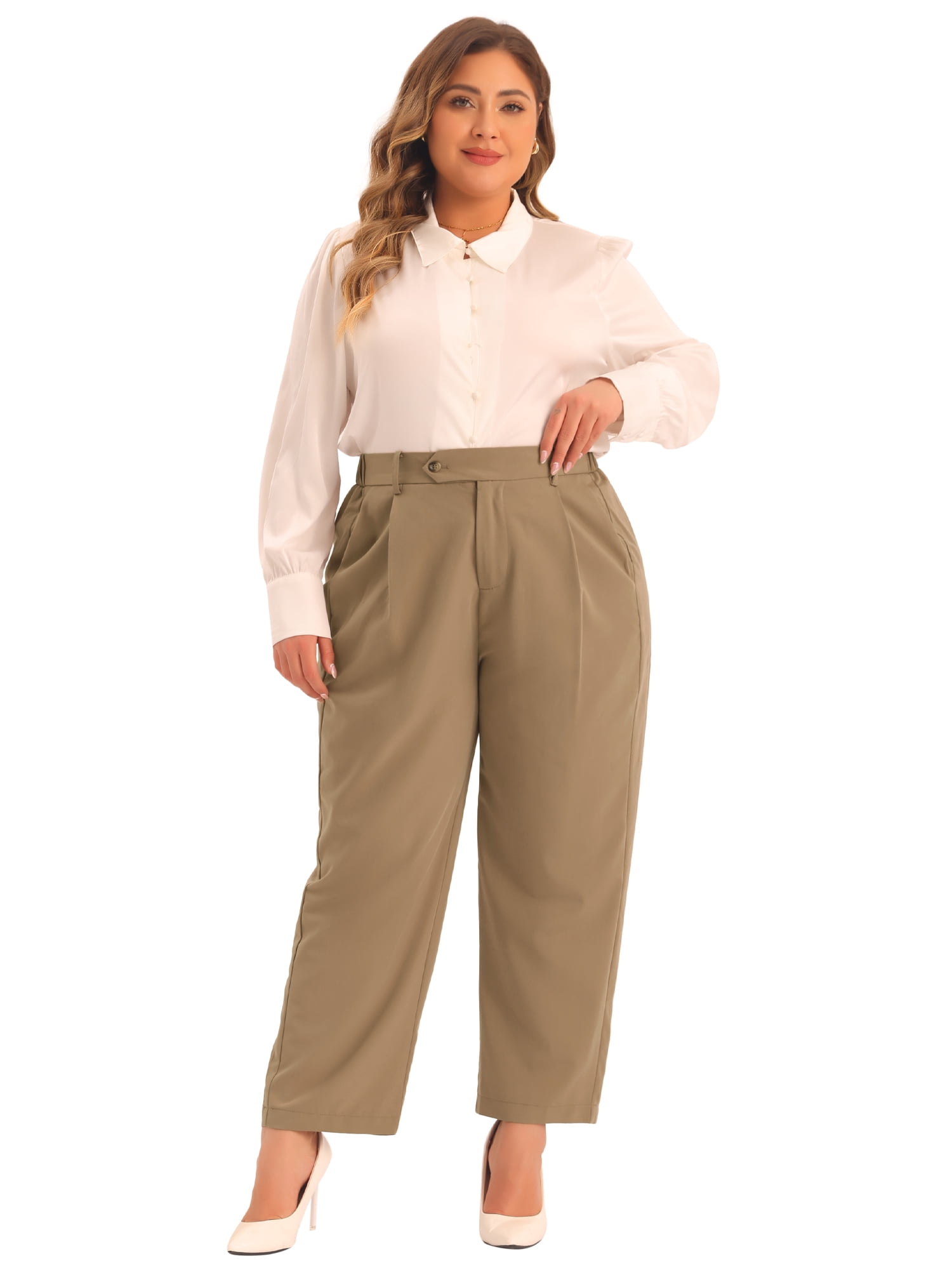 DARING DIVA Women's Plus Casual Elastic High Waisted Long Straight Pants 4X Khaki