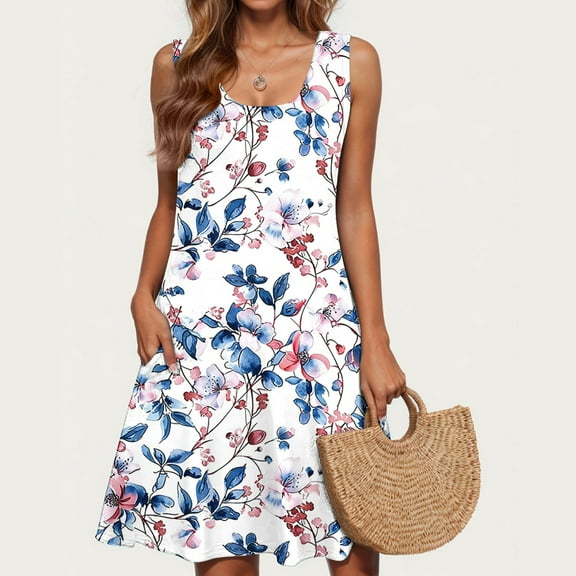 Viikei Women Dress Summer Maxi Dresses,Women Casual Loose Summer Printed Dress Sleeveless V-neck Top/shirt Set White S