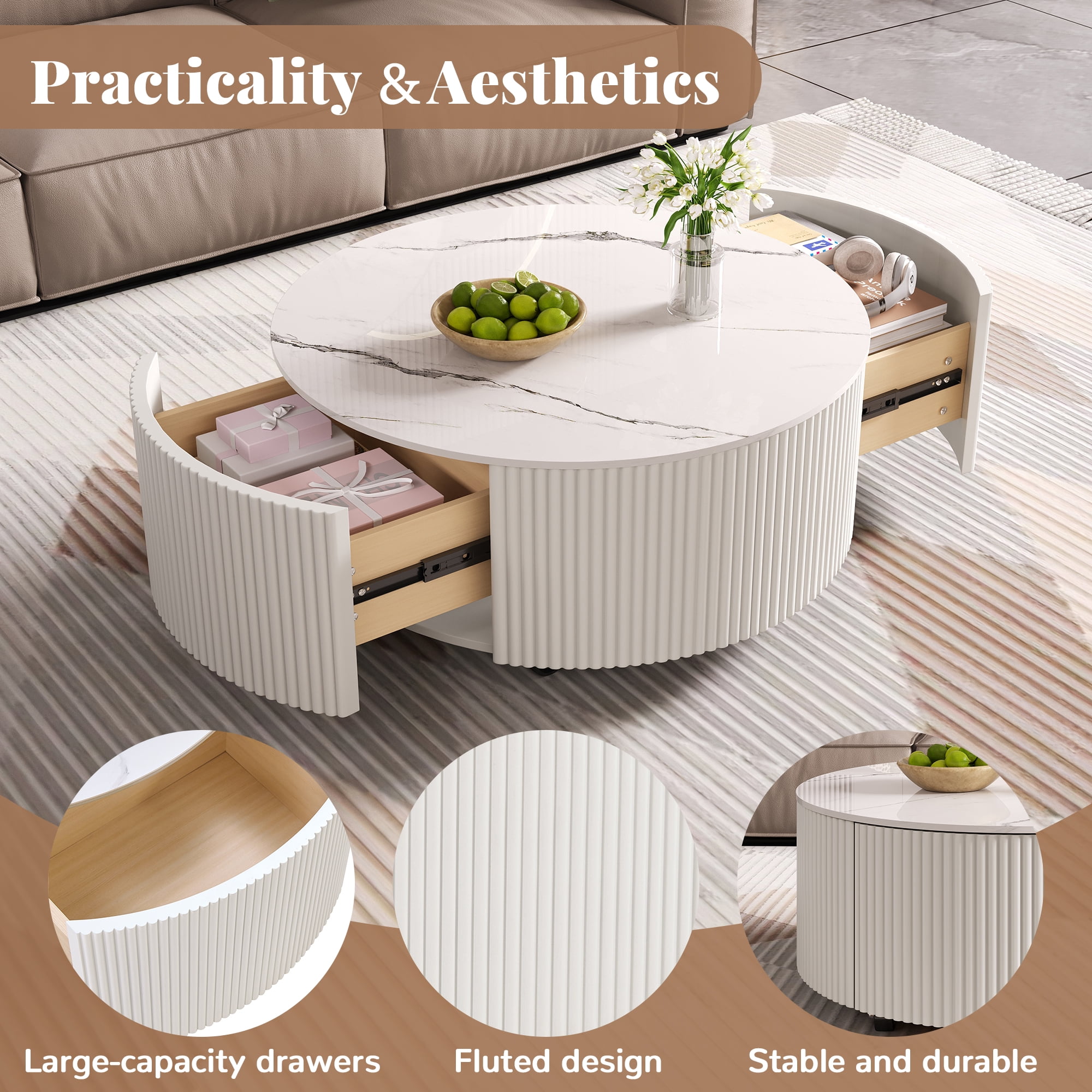 Euroco Modern Round Movable Coffee Table with Casters, 2 Drawers, Marble Pattern Sintered Stone Top, White, 29.5"
