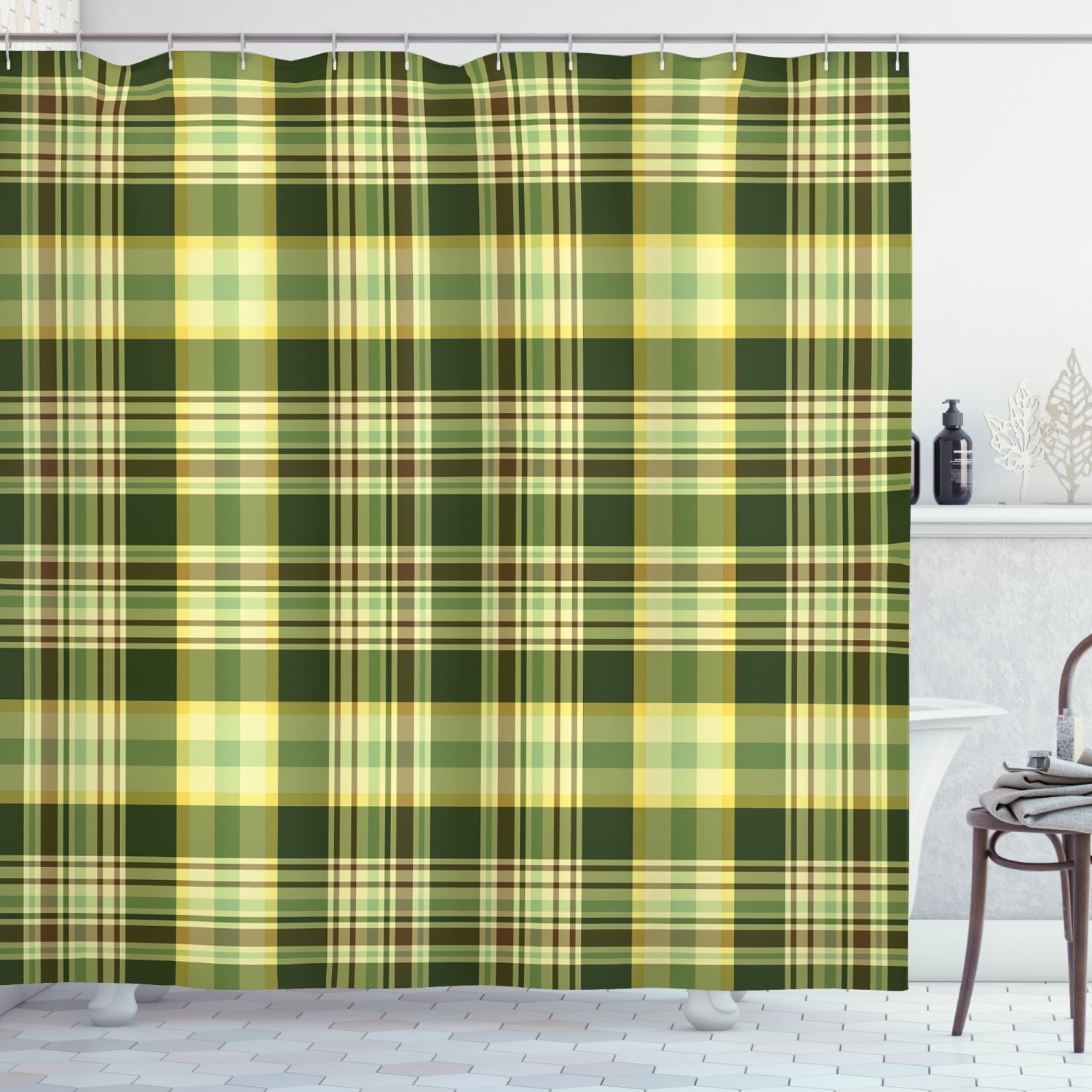 Ambesonne Olive Green Shower Curtain, Scottish Quilt, 69"Wx70"L, Dark