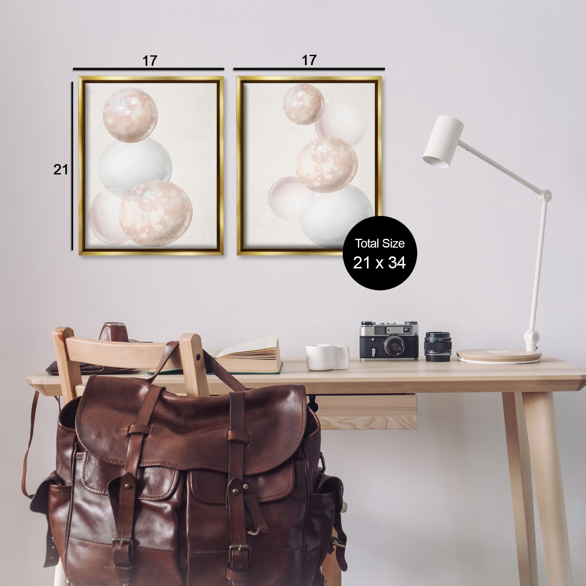 Stupell Industries Stacked Spheres Speckled Abstract Painting Gold Floater Framed Canvas Art Print Wall Art, 17 x 21, Set of 2