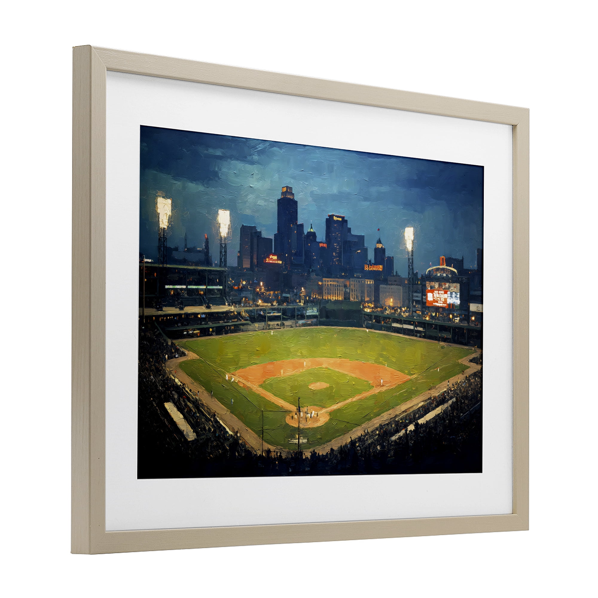 Baseball Stadium at Night Birch Framed Print Under Glass, design by Arlington Prints
