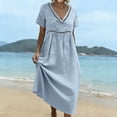thumbnail image 6 of ClodeEU Women's Linen Blend V Neck Short Sleeve Tiered Ruffle Midi Dress,Casual Loose Boho Beach Sundress Light Blue,Women's Plus S, 6 of 8