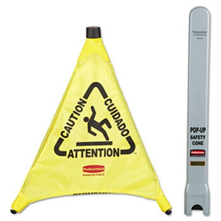 Rubbermaid Commercial Multilingual "Caution" Pop-Up Safety Cone, 3-Sided, Fabric, 21 x 21 x 20, Yellow -RCP9S00YEL
