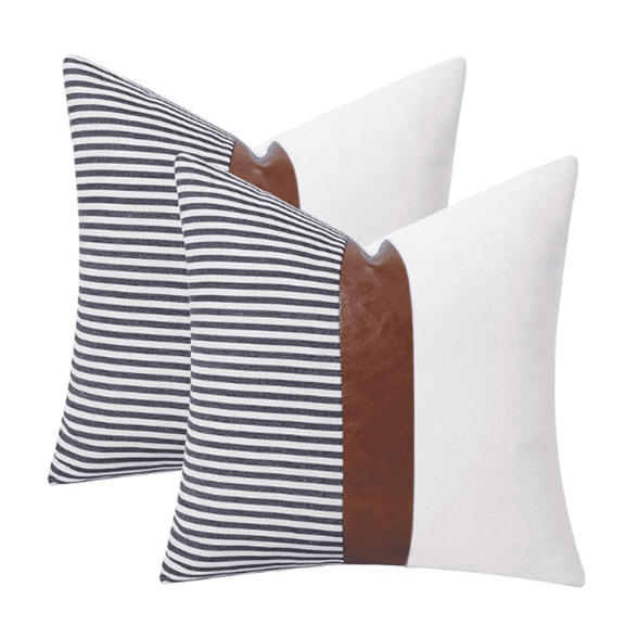 Set of 2 Faux Leather Throw Pillows 18x18 with Inserts, Boho Striped Farmhouse Outdoor Pillows, Decorative Accent Cushions for Couch, Patio & Living Room, Navy