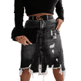 thumbnail image 2 of LYMAYTER Jupe en Denim Décontractée pour Femme Mini Ourlet à Franges Usée Rétro Lavée Jupe Trapèze Courte en Denim, 2 of 9