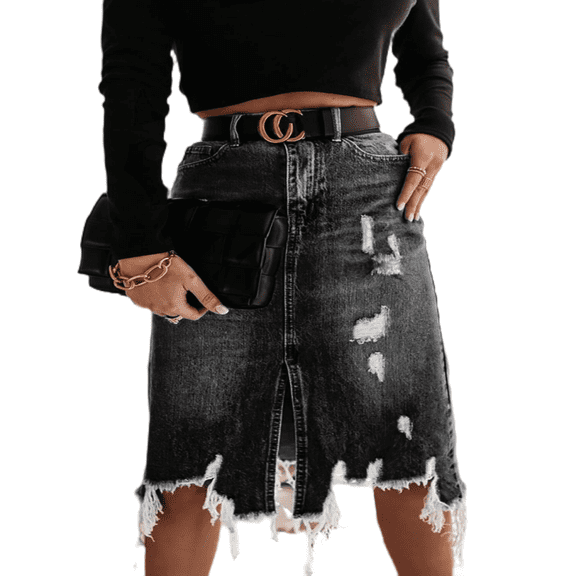 LYMAYTER Women's Casual Denim Skirt Mini Fringed Hem Distressed Retro Washed A-Line Denim Short Skirt