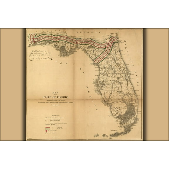 24"x36" Gallery Poster, Map of the State of Florida 1859
