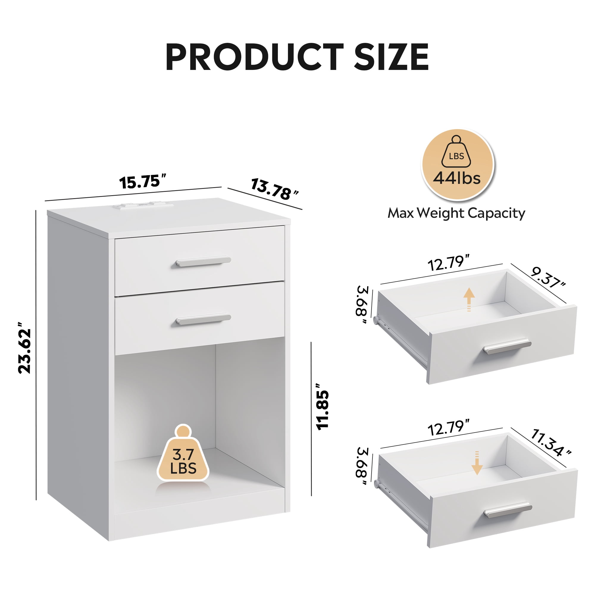 GALAXHERO Nightstand Set of 2 with Charging Station and 2 Drawers, Wood Bedside Table End Table with Open Shelf for Bedroom, Living Room, White