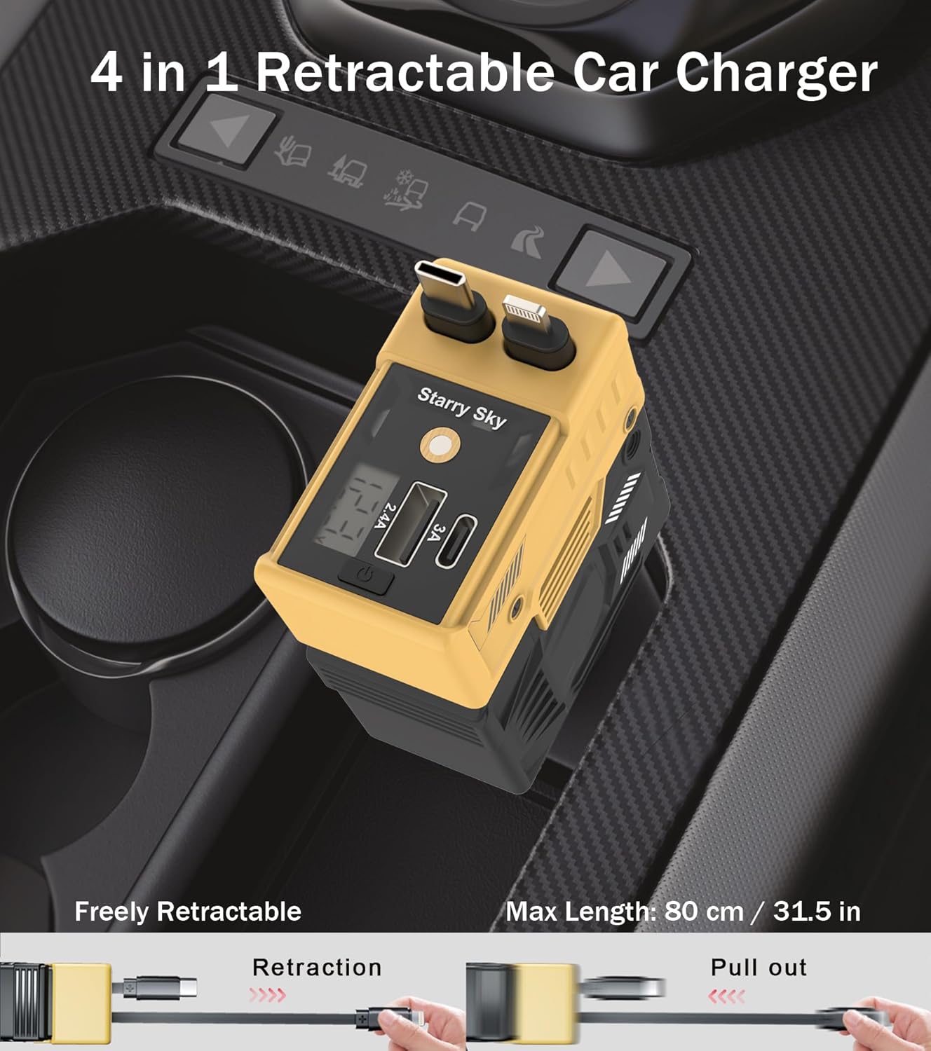 Retractable Car Charger with Starry Light, 4 in 1 Retractable Phone Charger with 66W Fast Charging, 2 Retractable Cables & 2 USB-C USB-A Port Compatible for iPhone 16/15/14/13/12/11,Samsung, Yellow
