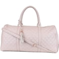 thumbnail image 1 of Women's Quilted Leather Weekender Travel Duffel Bag With Rose Gold Hardware - Large 22" Size - Cute Satin Inner Lining - Dusty Pink Bag, 1 of 6
