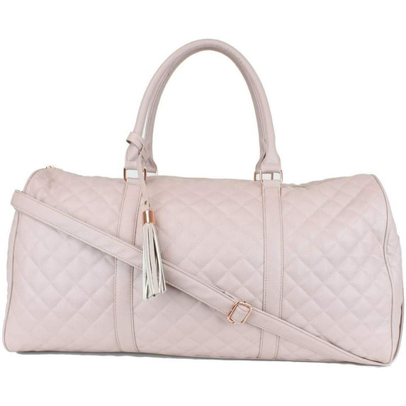 Women's Quilted Leather Weekender Travel Duffel Bag With Rose Gold Hardware - Large 22" Size - Cute Satin Inner Lining - Dusty Pink Bag