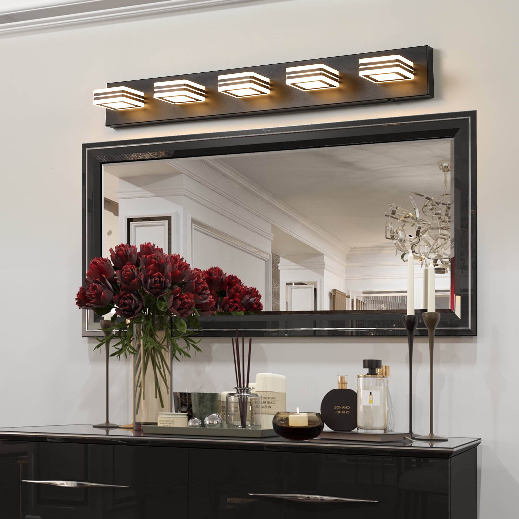 Leumius 34" Modern 5-Light LED Vanity Light, Square Acrylic Lampshades Wall Mount Fixture for Mirror, Bathroom, Bedroom and Hallway Black