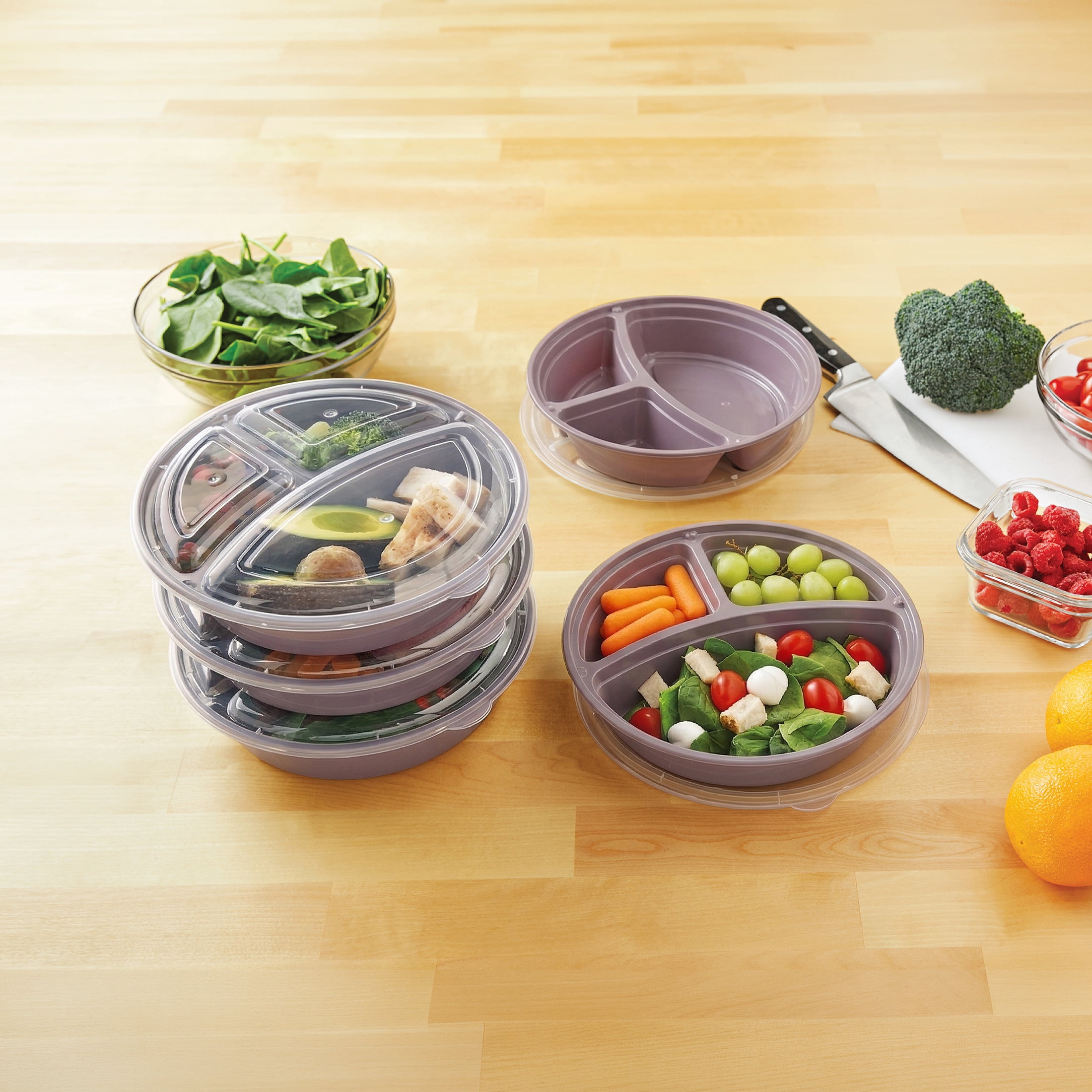 Mainstays 5-Pack 3-Compartment Round BPA-Free Plastic Meal Prep Food Storage Containers, 1L, Lilac Bloom