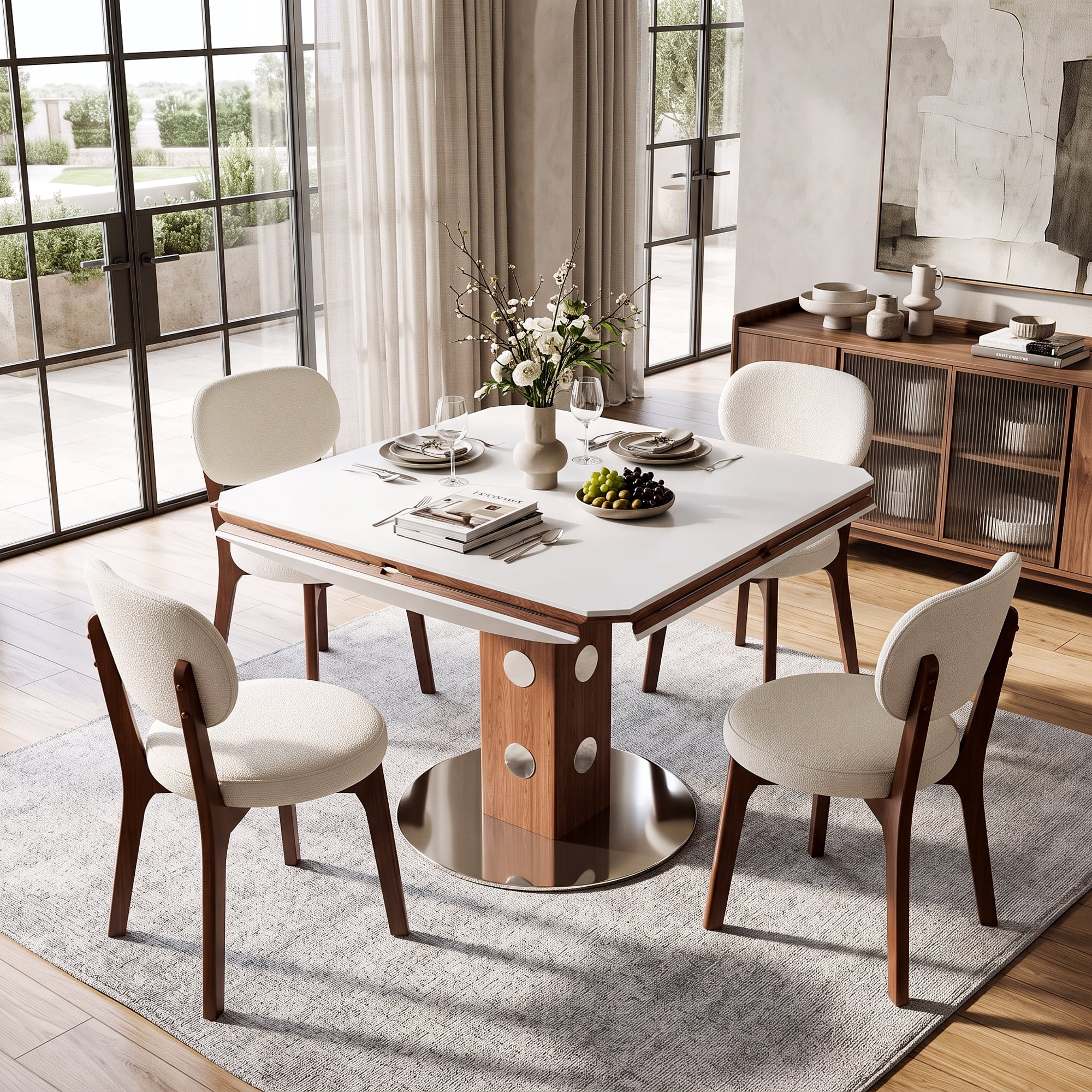 7 Piece Dining Table Set for 6, 47.2" Round Sintered Stone Table with Drop Leaf and 6 Upholstered Chairs