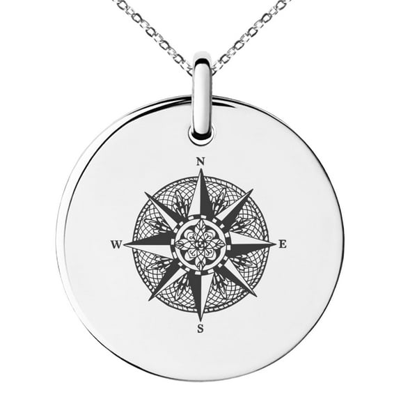 Tioneer Stainless Steel Nautical Flower of Life Compass Engraved Small Medallion Circle Charm Pendant Necklace