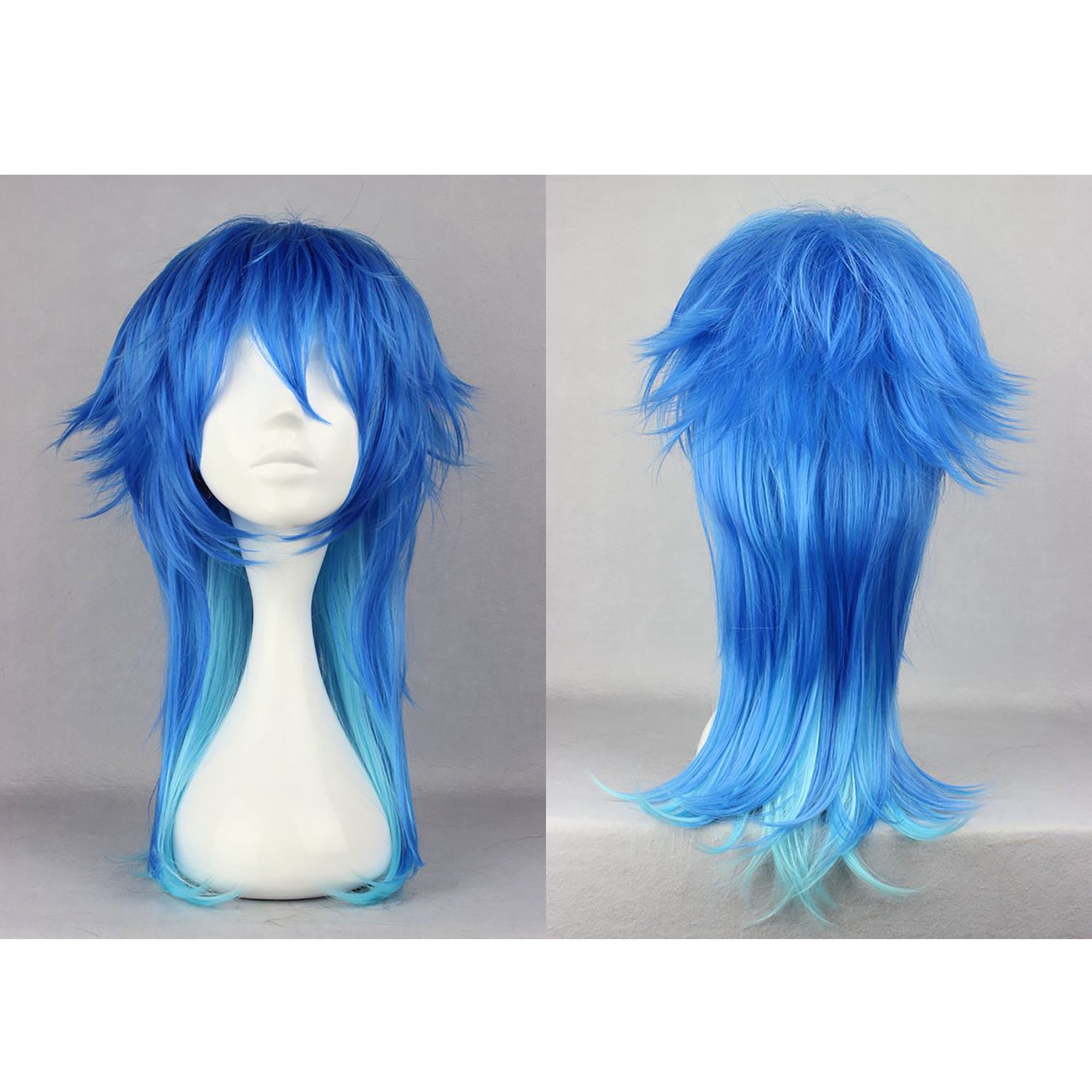 Unique Bargains Human Hair Wigs for Women Curly Long Wig with Wig Cap 24" Blue Gradient