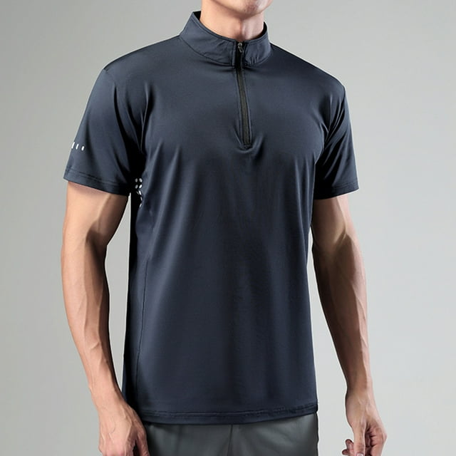 AherBiu Plus Size Mens Workout Shirts Short Sleeve Zip Stand Collar Running Athletic Pullover Quick Dry Regular Fitted Tee Tops