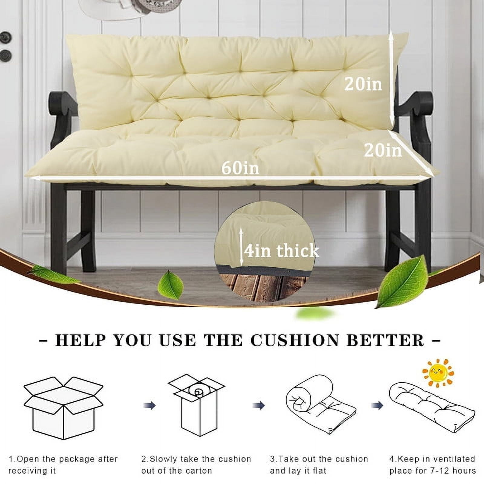 Outdoor swing cushions bench cushion, Waterproof Porch swing replacement cushions for outdoor furniture, 4" thick Bench Cushion for Backyard, Patio, Lawn（Beige white 40×60in）