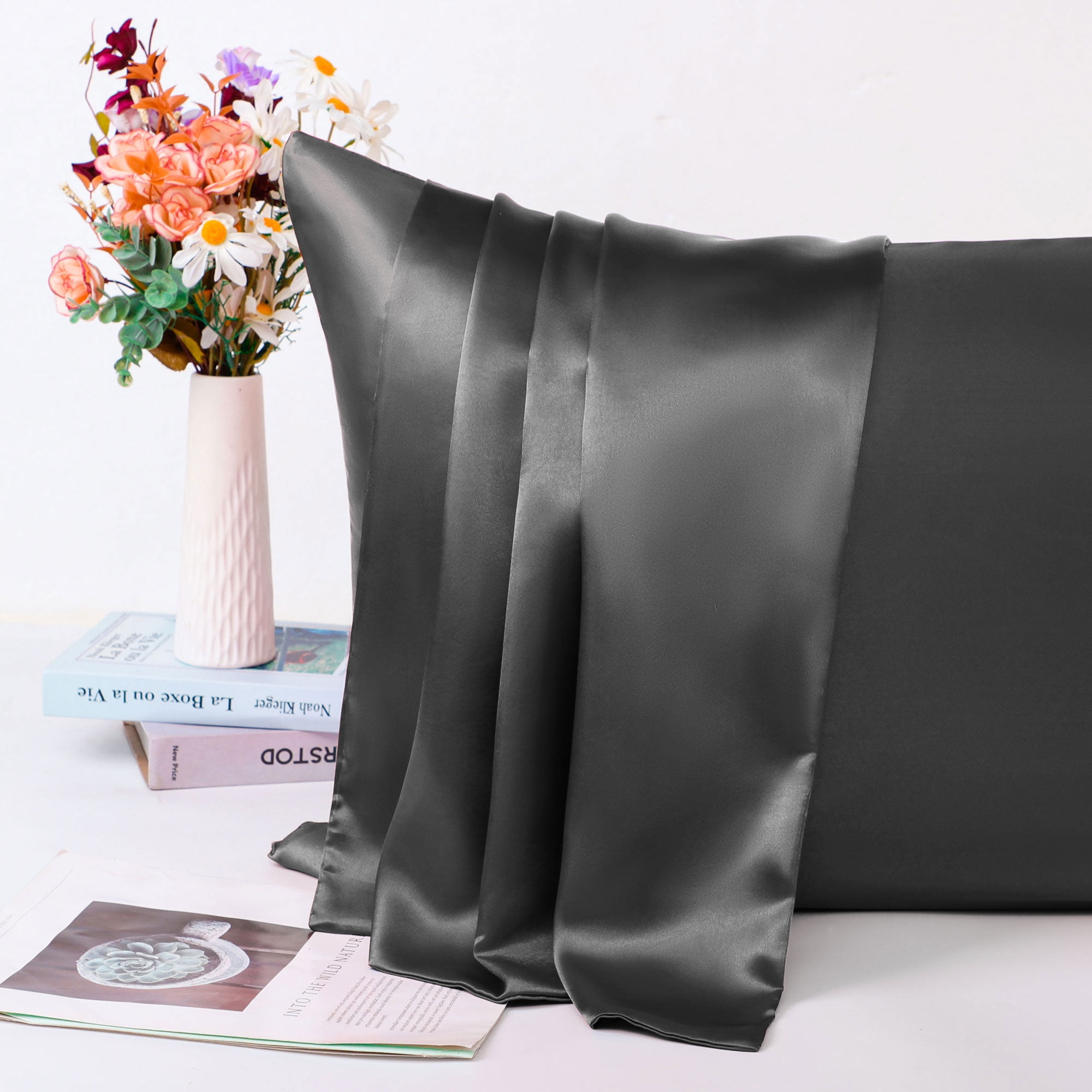 Unique Bargains Satin Set of 2 Zipper Closure Pillowcases Black 20"x30"