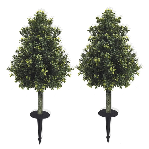 Set of 2 Artificial Tower-shaped Boxwood Topiary Trees with Ground Spikes, 35 Inches – UV Resistant Faux Greenery Shrubs, Fake Boxwood Plants for Indoor, Garden, Yard, Porch and Patio Decor