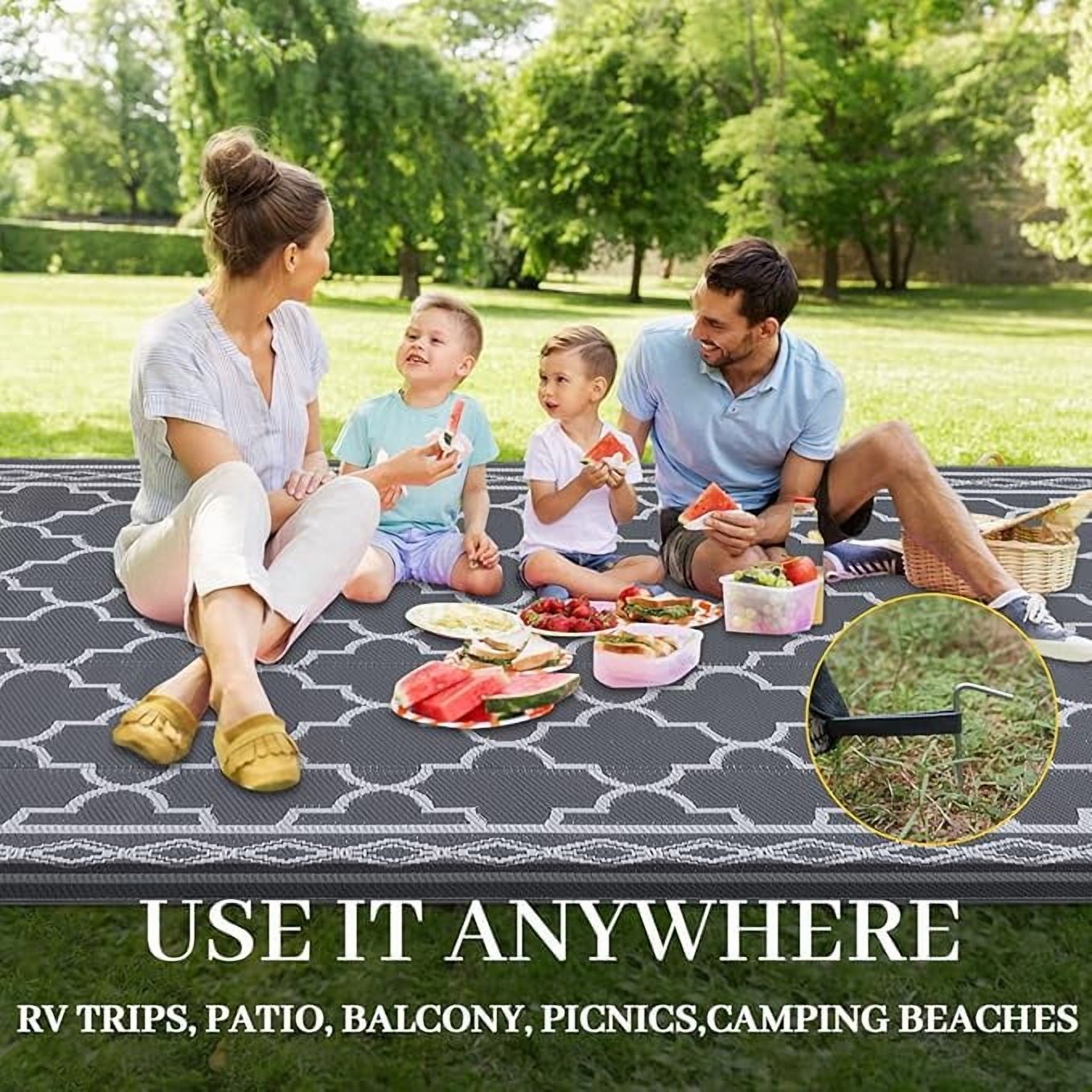Outdoor Rug 10x14 Reversible Mats, Plastic Straw Rug, Large Floor Mat and Rug for Outdoors, Modern Area Rug, Patio, Backyard, Deck, Picnic, Beach, Trailer, Camping, Grey/White(Geometric)