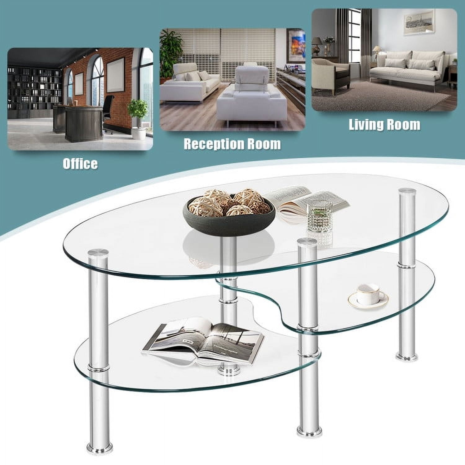 Yardi Yard Modern Oval 2-Tier Tempered Glass Coffee Table with Storage Side Shelf and Metal Legs for Living Room Clear