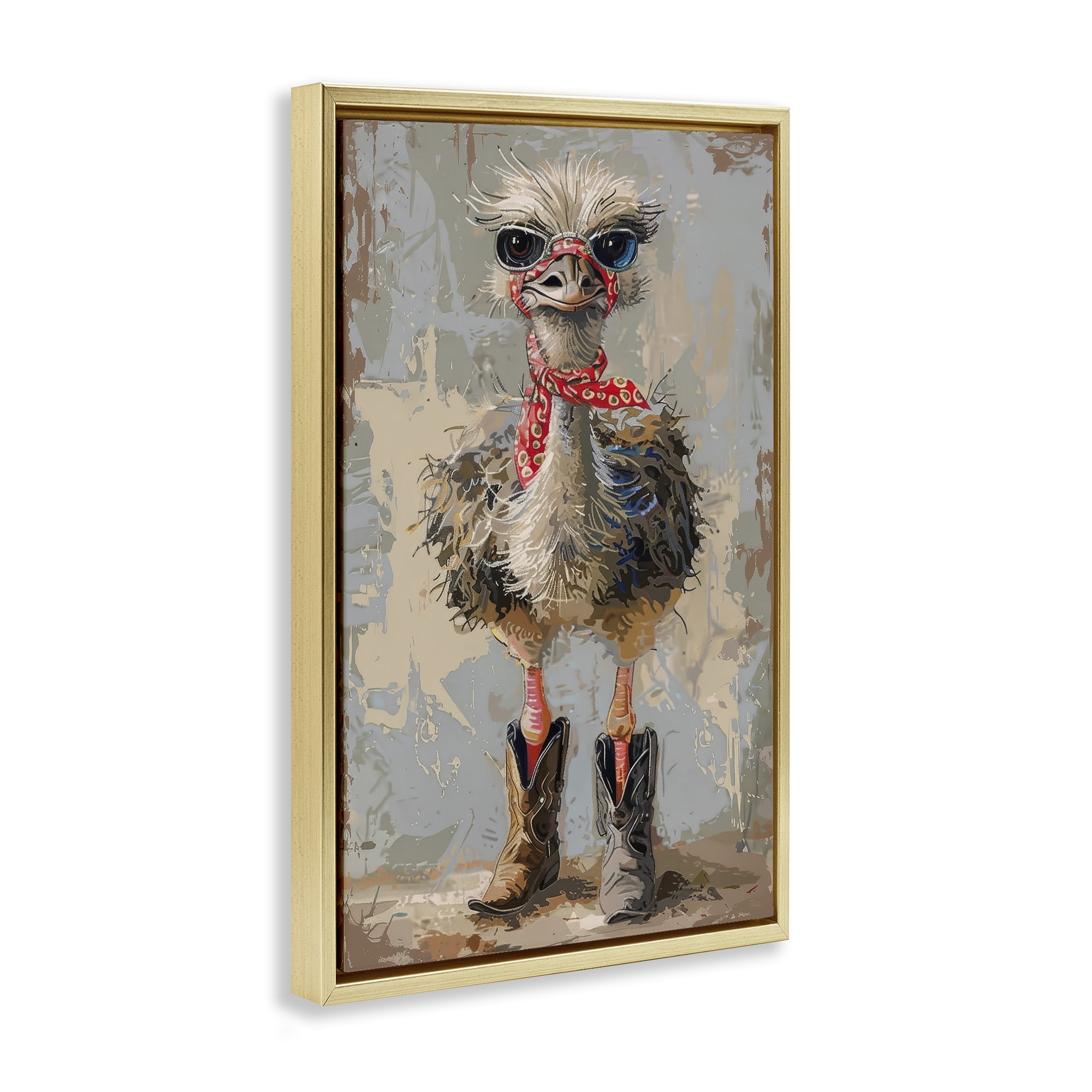 Stupell Industries Ostrich & Cowboy Boots Novelty Painting Gold Floater Framed Canvas Art Print Wall Art, 17 x 25