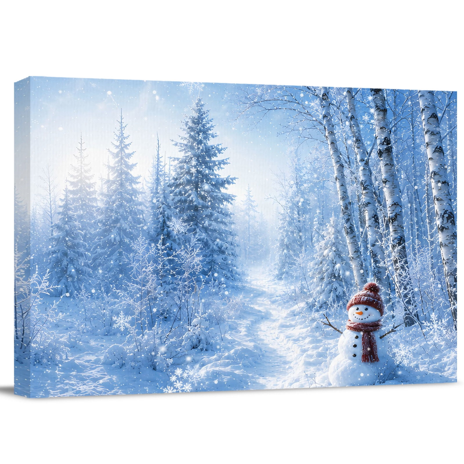 Canvas Wall Art Blue Christmas Framed Artwork for Living Room Xmas Snowman Trees Snowflake Forest Gallery Wrapped Canvas Prints Art Ready to Hang Wall Decor for Bathroom Office 14 x11