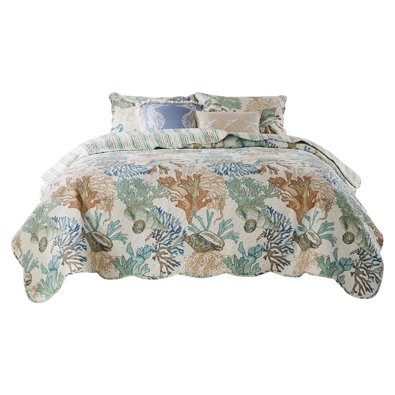 Benjara Wade 5 Piece Full Quilt Set, Ocean Design, Scalloped Edges, Floral Pattern