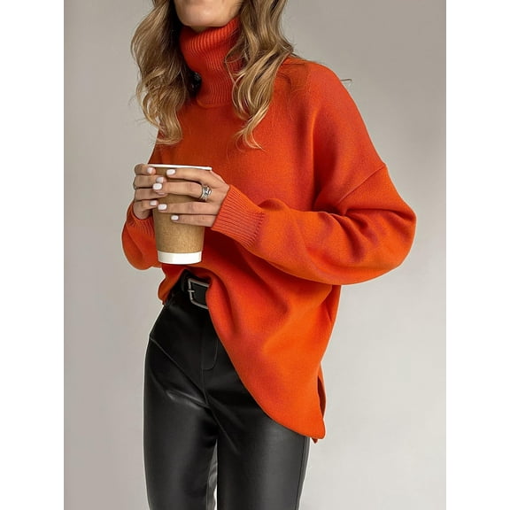 SEARIPE Women Solid Turtleneck Sweater Casual Long Sleeve Knitted Pullover Sweater Tops with Side Split Orange M