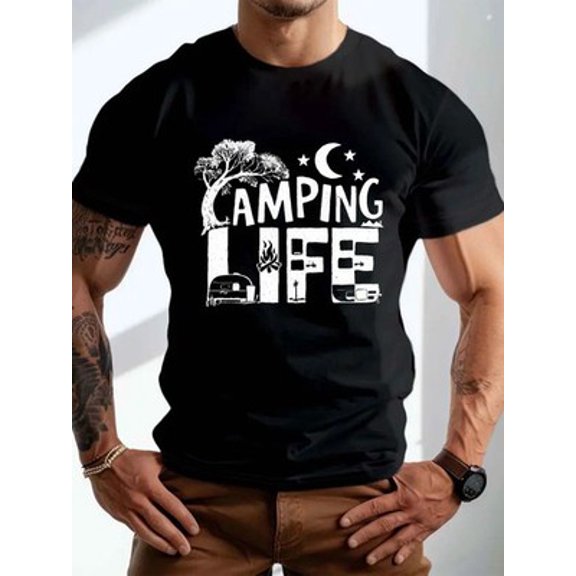 Velto Plus Size Men's Casual T-Shirt - Adventure CAMPING LIFE Graphic Print, Crew Neck All Size S-5XL