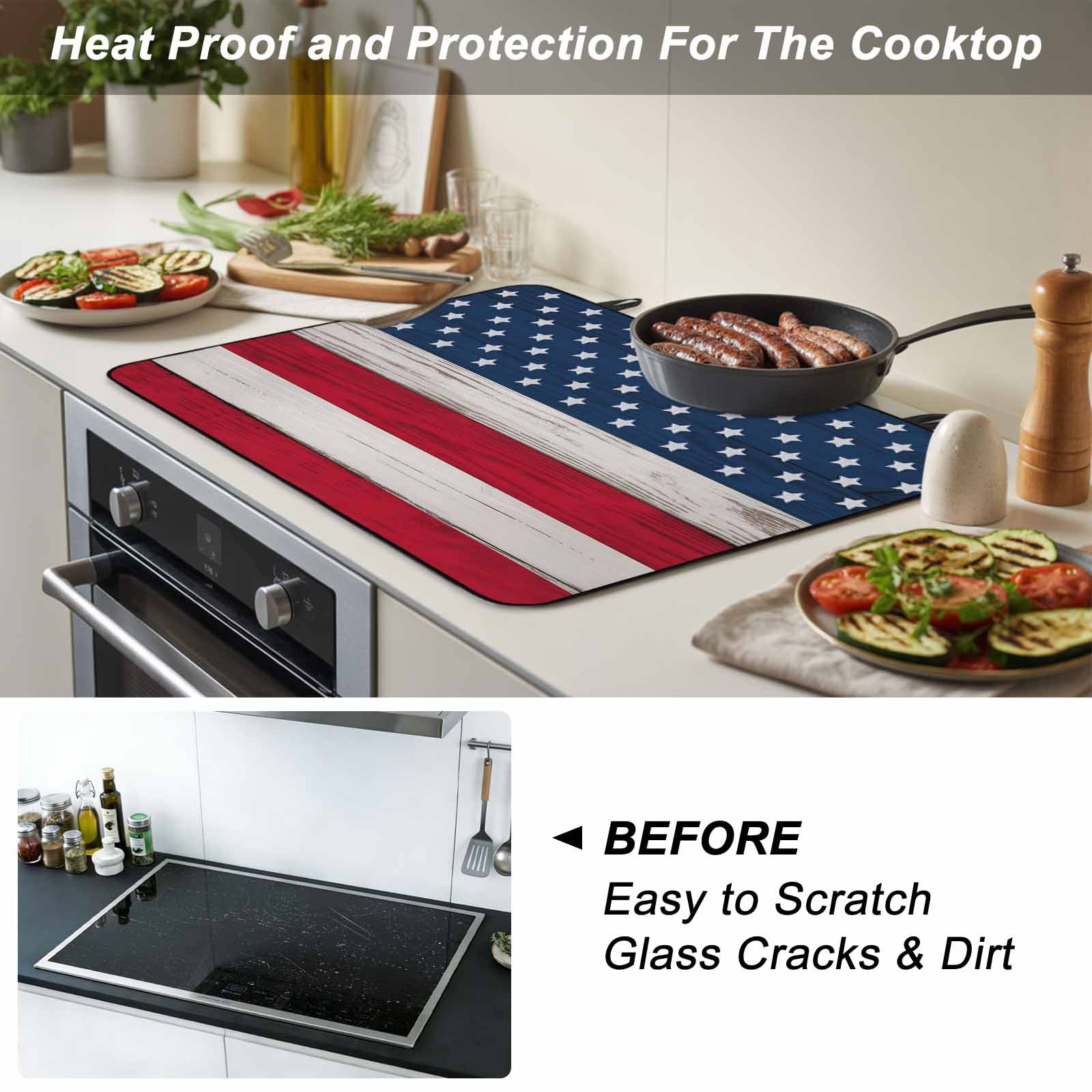 Wooden American Flag Stove Top Cover for Electric Stove, Heat-proof & Non Slip Glass Top Stove Cover Protector, Independence Day Star Striped Flag Kitchen Flat Cooktop Rubber Mat 24x21 Inches