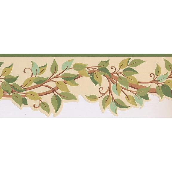Concord Wallcoverings Wallpaper Border Floral Pattern Leaves Tree Brunches, Die Cut Edge for Bedroom Living Room, Beige Brown Green, 15 Feet by 7 Inches BN1969B